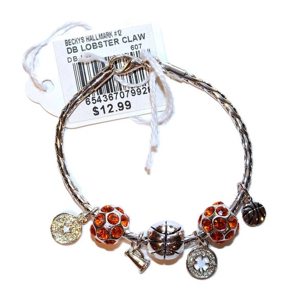 DaVinci Charm Bracelet 7" w/ 7 Beads - Basketball Sports Star Cheer Orange CZ - Picture 2 of 4